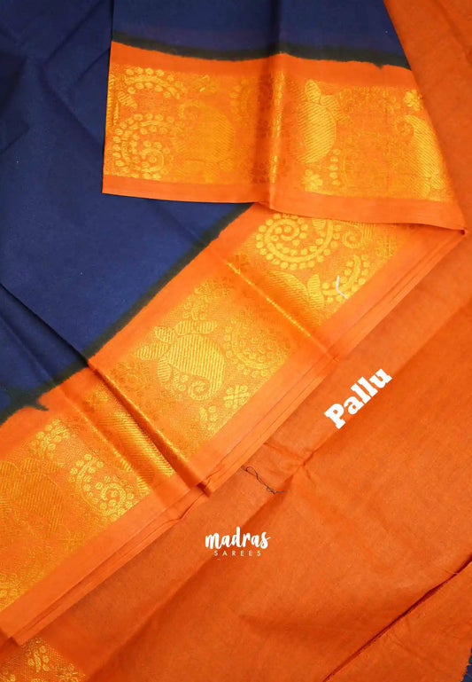 Margazhi Sungudi plain with traditional zari border - Navy blue with orange