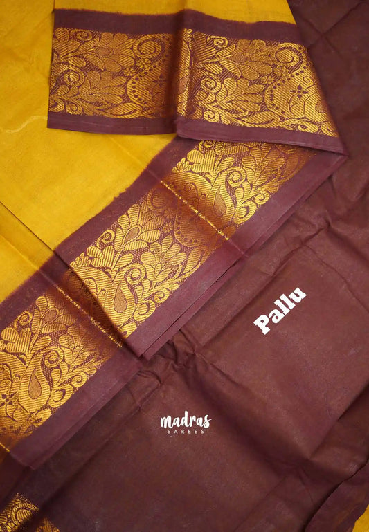 Margazhi Sungudi plain with traditional zari border - Mustard yellow with maroon border