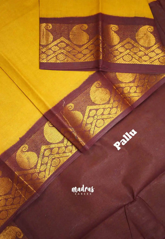 Margazhi Sungudi plain with traditional zari border - Mustard yellow with maroon border