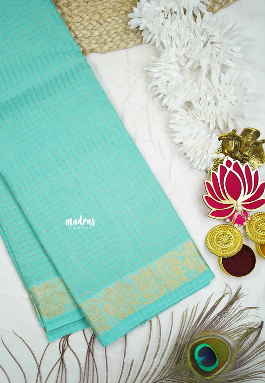 Margazhi Sungudi cotton muthukattam floral border - Aqua green