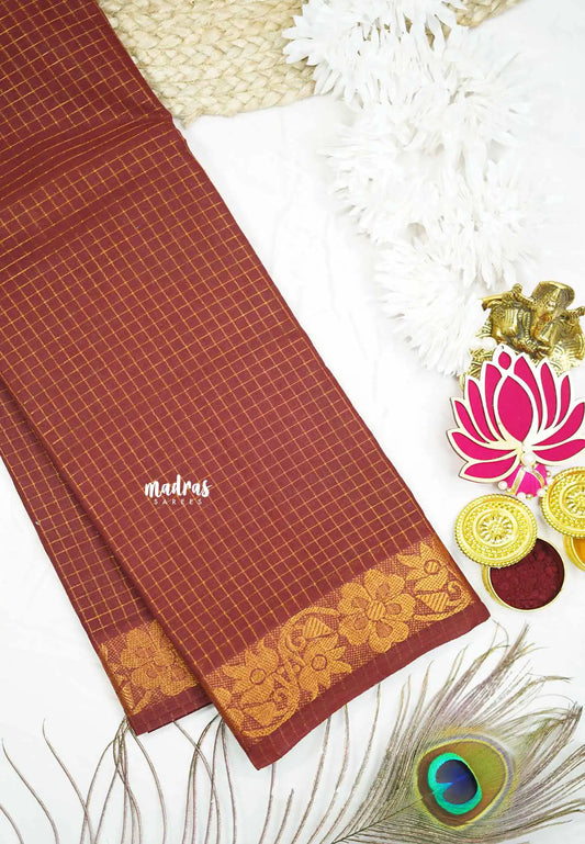 Margazhi Sungudi cotton muthukattam floral border - Brick brown