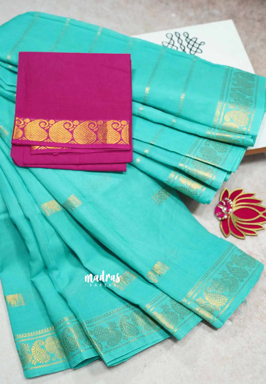 Sea Green - 100 count Margazhi Sungudi half and half buttas with Big Mango contrast blouse