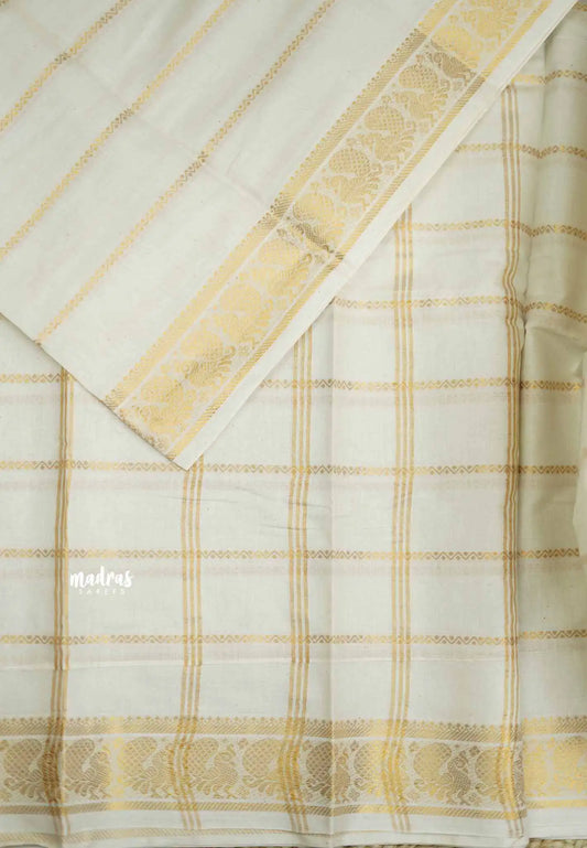 Margazhi Sungudi cotton mayil border with blouse - Halfwhite