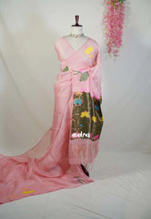 Powder Pink - Handloom Silk Linen Jamdani Saree - With Handloom Mark