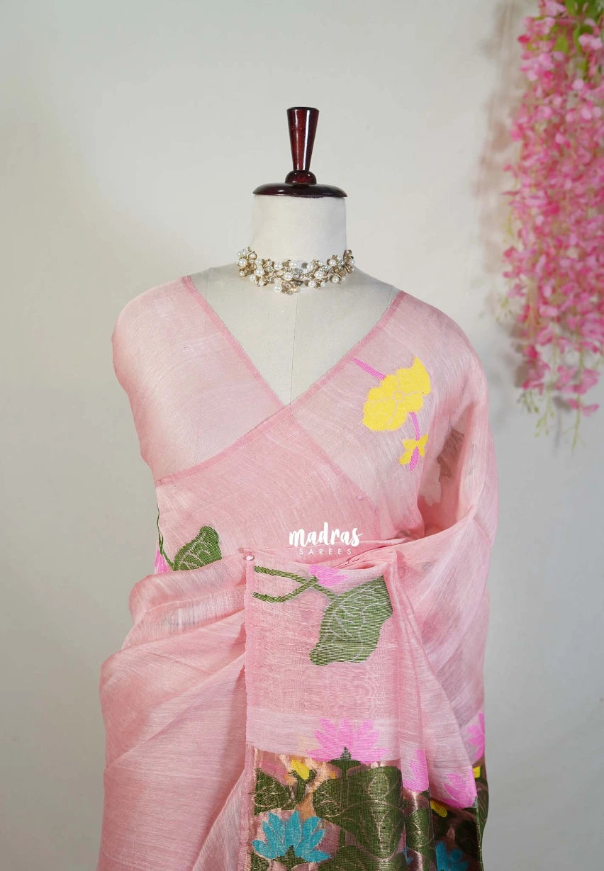 Powder Pink - Handloom Silk Linen Jamdani Saree - With Handloom Mark