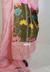 Powder Pink - Handloom Silk Linen Jamdani Saree - With Handloom Mark