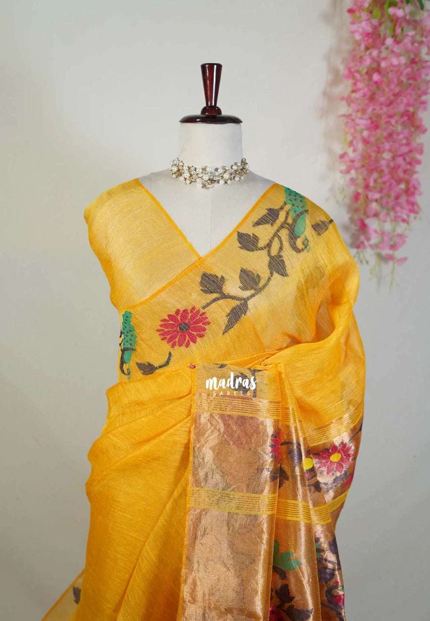 Saffron Yellow - Handloom Silk Linen Jamdani Saree - With Handloom Mark