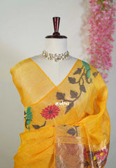 Saffron Yellow - Handloom Silk Linen Jamdani Saree - With Handloom Mark