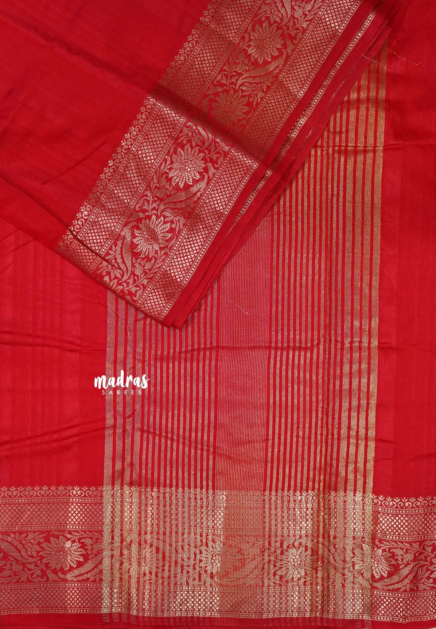 Red - Madhuram - Soft Matka silk with grooves body with traditional border