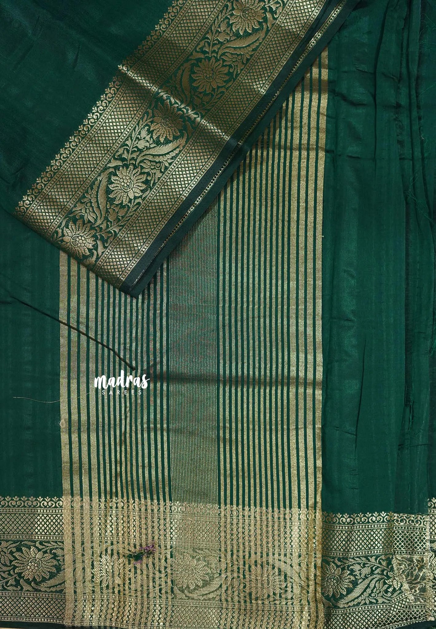 Dark Green - Madhuram - Soft Matka silk with grooves body with traditional border