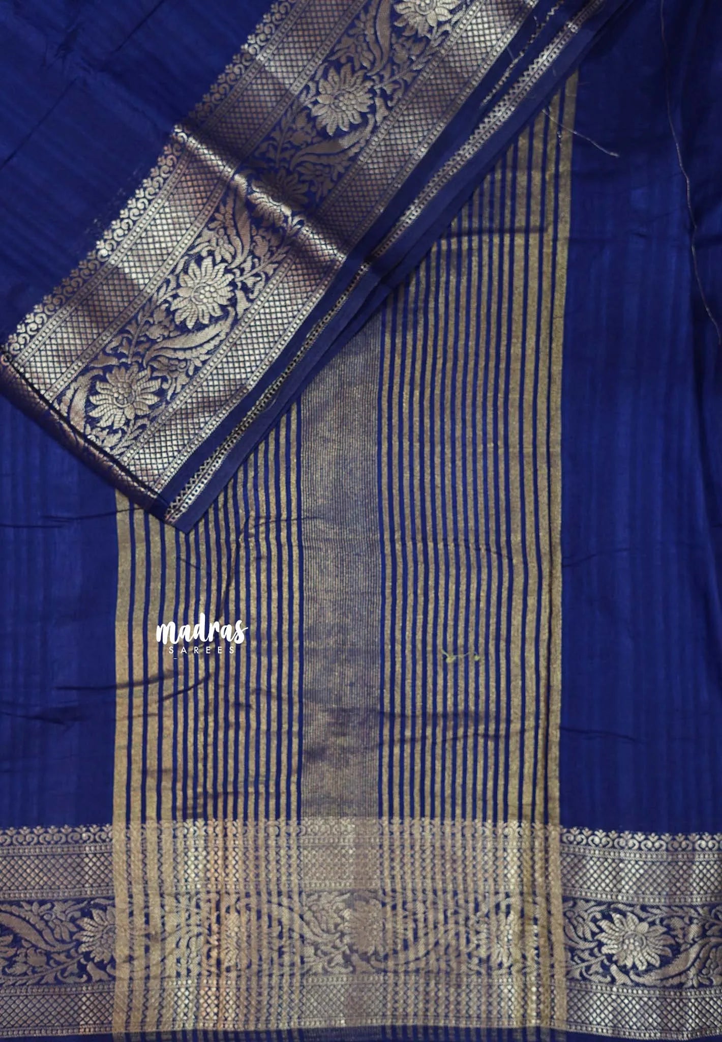 Navy Blue - Madhuram - Soft Matka silk with grooves body with traditional border