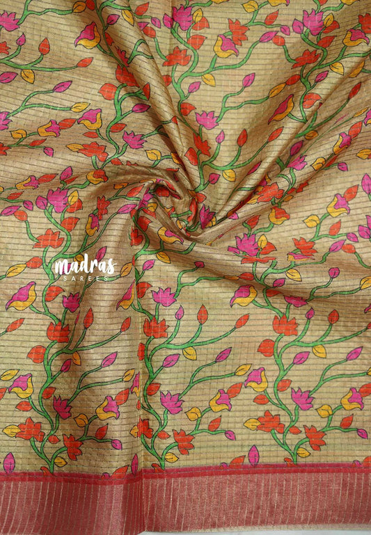 Zara Malgudi Fusion printed silk gradient - Tri shade pink and beige