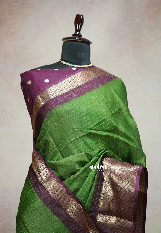 Green with winered - Meenakari printed silk with zari checks body