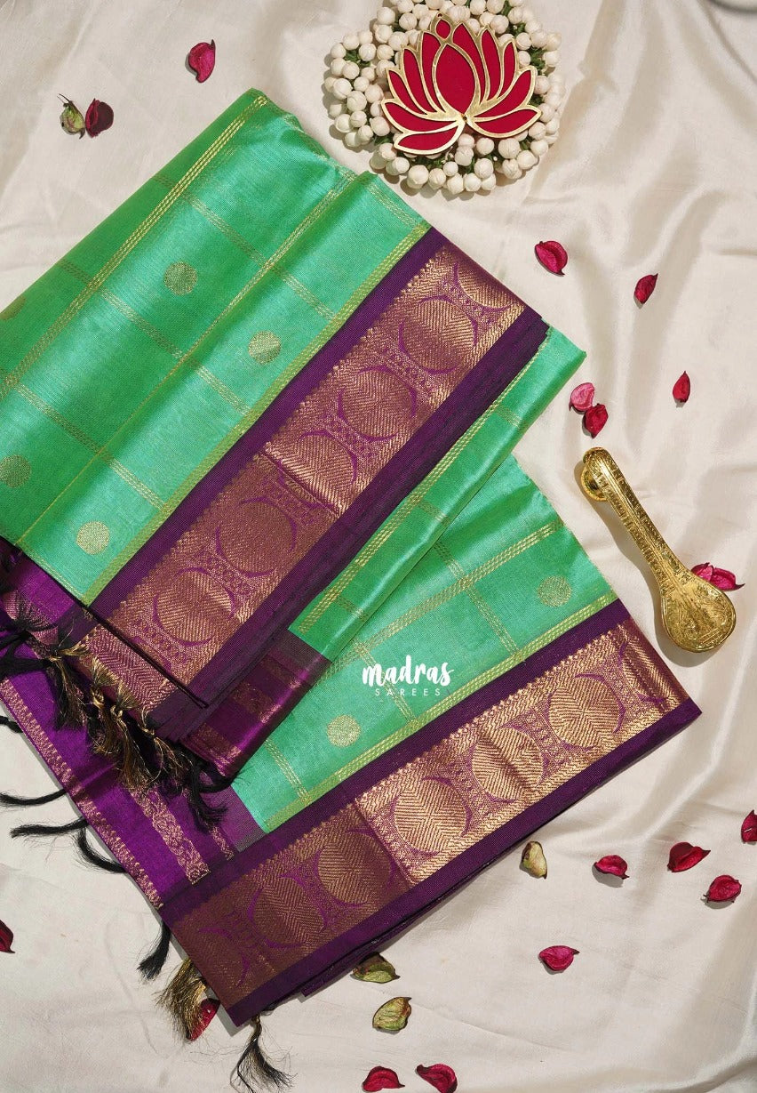 Turquoise Green - Meenakshi - Light Weight Pure Silk Cotton Saree Zari Checks with Rudraksham Border Contrast Pallu and Blouse - Perfect for Wedding Functions