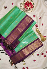 Turquoise Green - Meenakshi - Light Weight Pure Silk Cotton Saree Zari Checks with Rudraksham Border Contrast Pallu and Blouse - Perfect for Wedding Functions