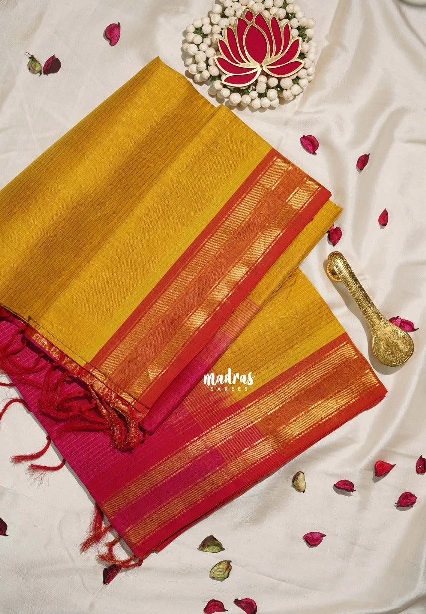 Turmeric Yellow - Meenakshi - Light Weight Pure Silk Cotton Saree Line with Rettapet Border Contrast Pallu and Blouse - Perfect for Wedding Functions