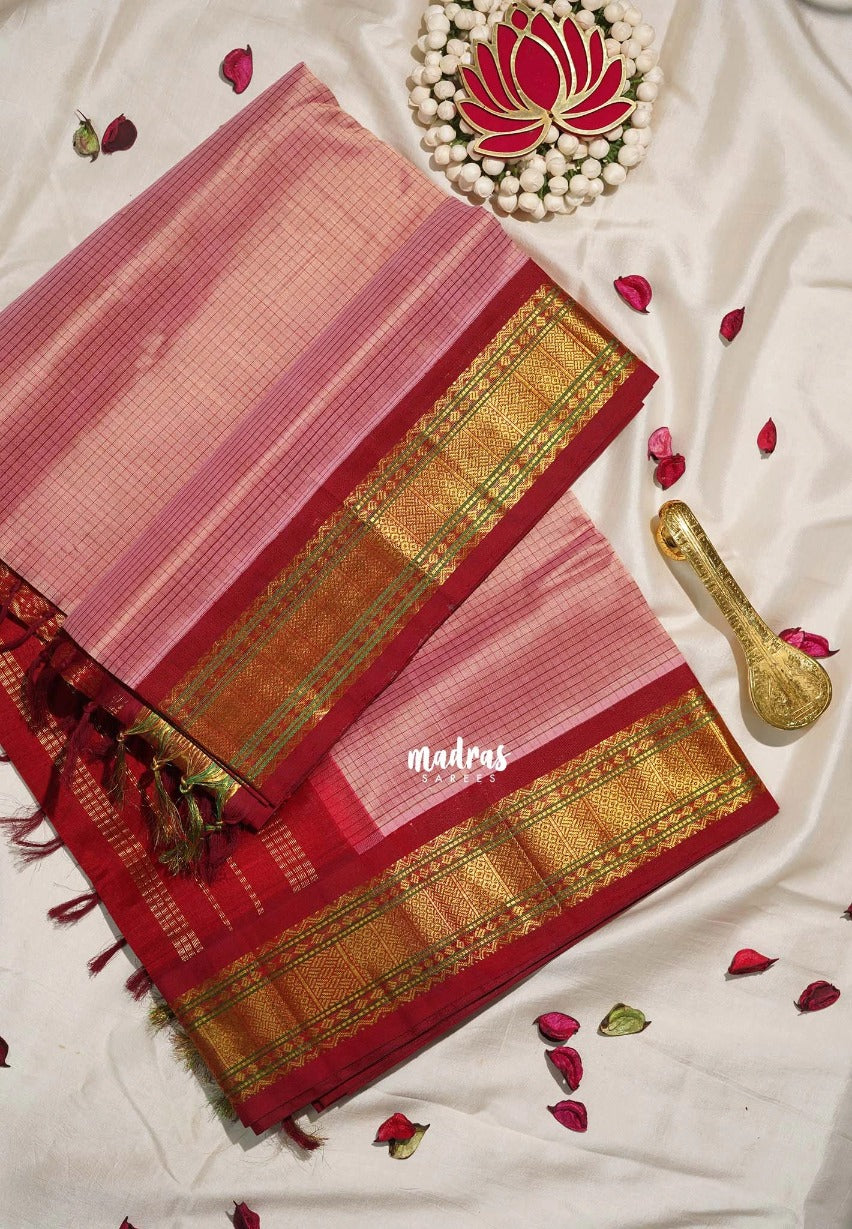 Dual Shade Blush Pink - Meenakshi - Light Weight Pure Silk Cotton Saree Muthu Kattam Traditional Border Contrast Pallu and Blouse - Perfect for Wedding Functions