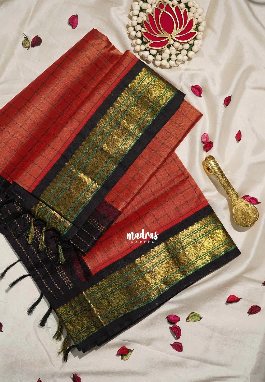 Muted Brick Red - Meenakshi - Light Weight Pure Silk Cotton Saree Checks with Traditional Border Contrast Pallu and Blouse - Perfect for Wedding Functions