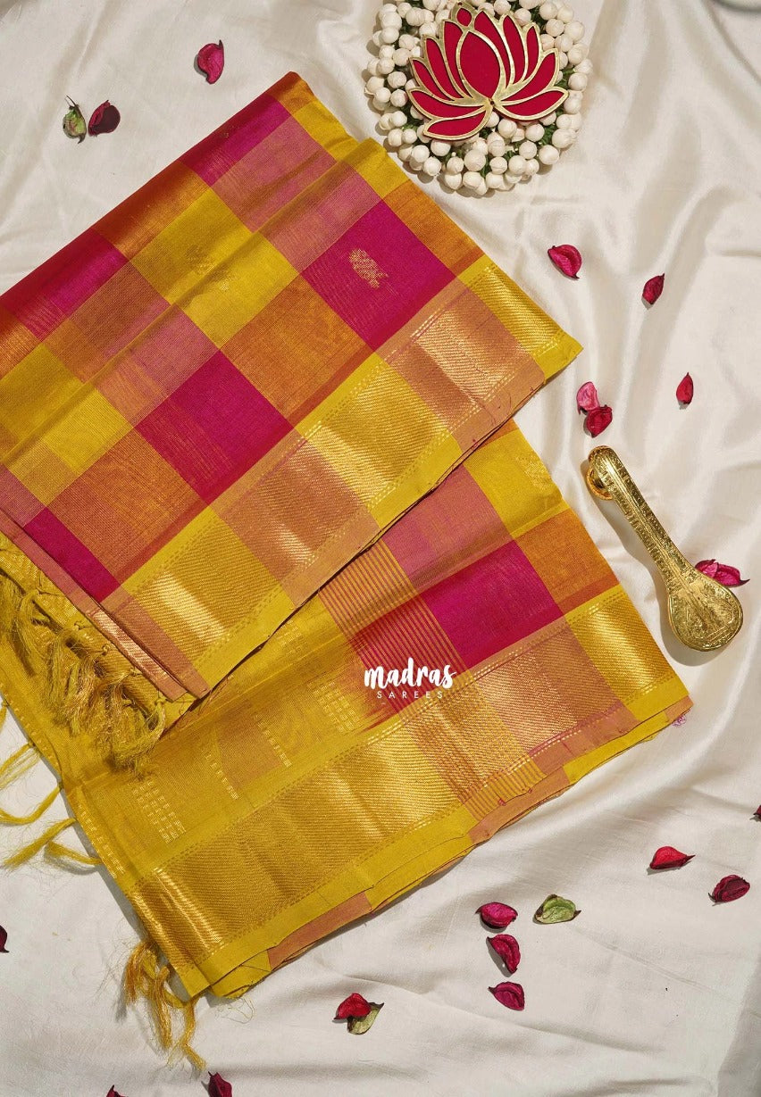 Yellowish Green with Pink - Meenakshi - Light Weight Pure Silk Cotton Saree Vintage Paalum Pazhamum Checks with Getti Border and Buttas - Perfect for Wedding Functions
