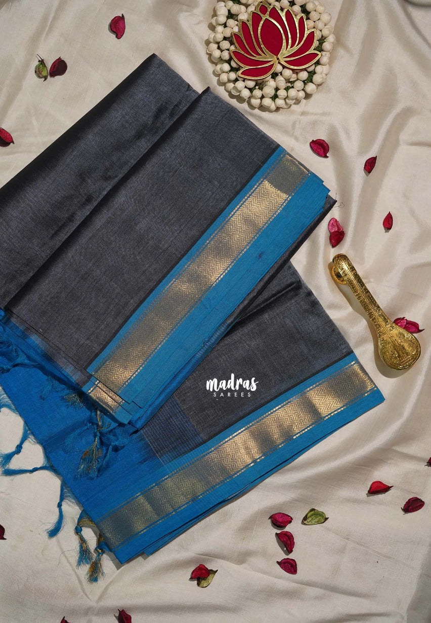 Lead Grey - Meenakshi - Light Weight Pure Silk Cotton Saree Plain with Small Getti Border Contrast Pallu and Blouse - Perfect for Wedding Functions