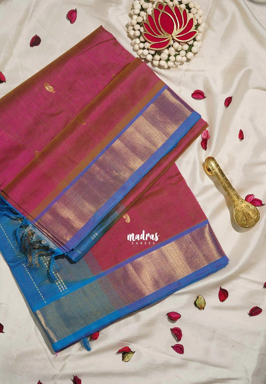 Dual Shade Rosewood Pink - Meenakshi - Light Weight Pure Silk Cotton Saree Getti Border with Buttas Contrast Pallu and Blouse - Perfect for Wedding Functions