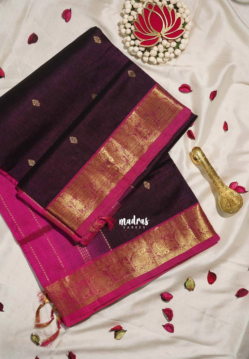 Jamun Purple - Meenakshi - Light Weight Pure Silk Cotton Saree Mango, Annam Border with Buttas Contrast Pallu and Blouse - Perfect for Wedding Functions