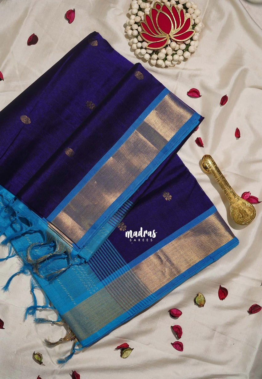Violet Blue - Meenakshi - Light Weight Pure Silk Cotton Saree Getti Border with Buttas Contrast Pallu and Blouse - Perfect for Wedding Functions