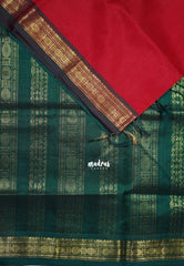 Tomato Red - Meenakshi - Light Weight Pure Silk Cotton Saree Plain with Rudraksham Border Contrast Pallu and Blouse - Perfect for Wedding Functions
