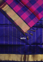 Violet Blue with Pink - Meenakshi - Light Weight Pure Silk Cotton Saree Checks with Stripes Weaving with Getti Border - Perfect for Wedding Functions