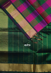 Green with Pink - Meenakshi - Light Weight Pure Silk Cotton Saree Checks with Stripes Weaving with Getti Border - Perfect for Wedding Functions