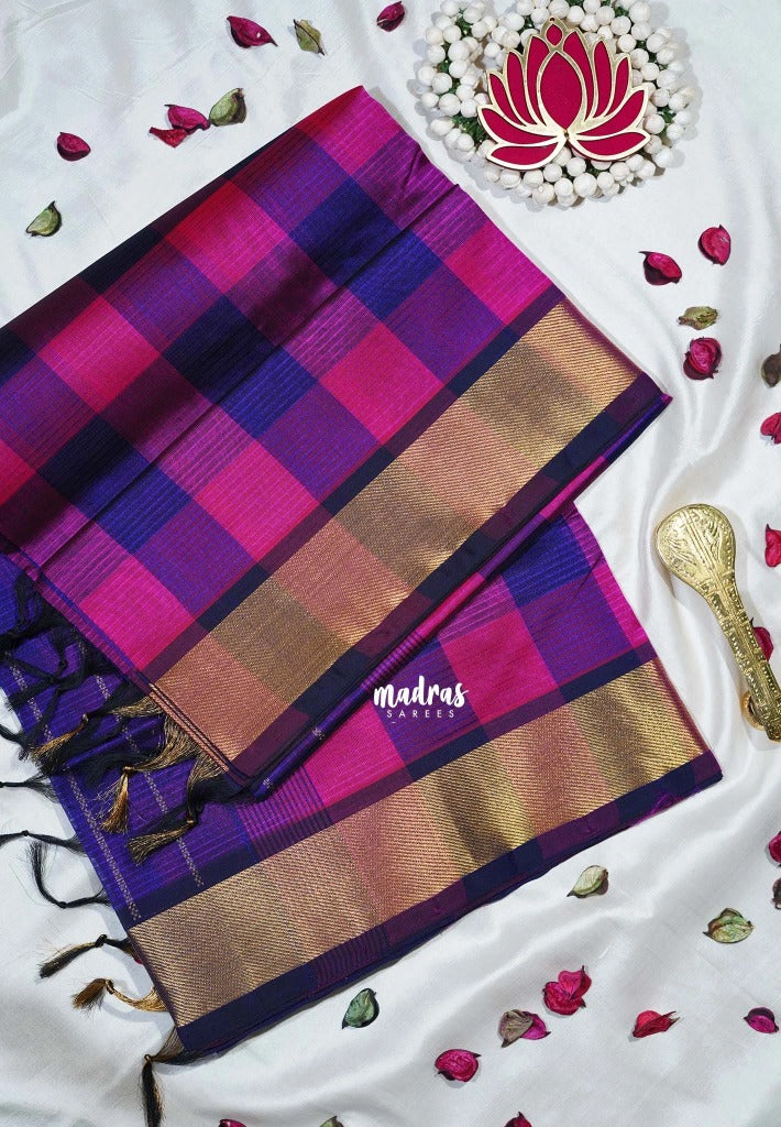 Violet Blue with Pink - Meenakshi - Light Weight Pure Silk Cotton Saree Checks with Stripes Weaving with Getti Border - Perfect for Wedding Functions