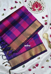 Violet Blue with Pink - Meenakshi - Light Weight Pure Silk Cotton Saree Checks with Stripes Weaving with Getti Border - Perfect for Wedding Functions