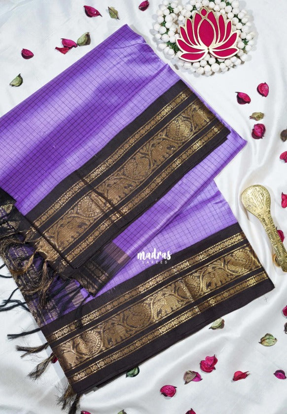 Bright Lavender Purple - Meenakshi - Light Weight Pure Silk Cotton Saree Muthu Kattam Yanai, Mayil Border Contrast Pallu and Blouse - Perfect for Wedding Functions
