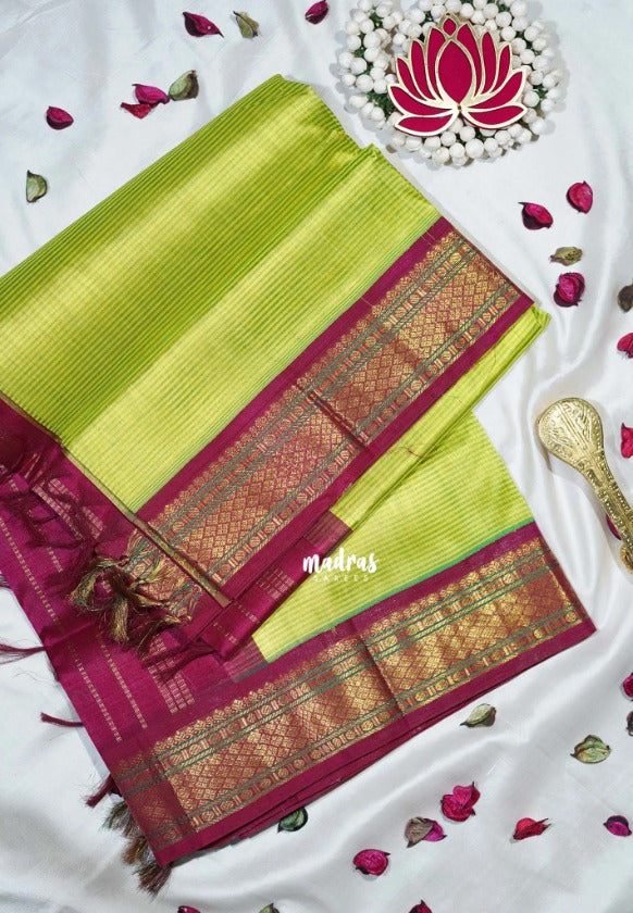 Light Lime Green - Meenakshi - Light Weight Pure Silk Cotton Saree Line with Rudraksham Border Contrast Pallu and Blouse - Perfect for Wedding Functions