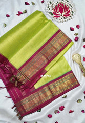 Light Lime Green - Meenakshi - Light Weight Pure Silk Cotton Saree Line with Rudraksham Border Contrast Pallu and Blouse - Perfect for Wedding Functions