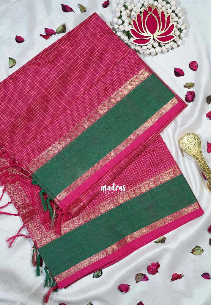 Raspberry Pink - Meenakshi - Light Weight Pure Silk Cotton Saree Muthu Kattam Mango and Skirt Border - Perfect for Wedding Functions