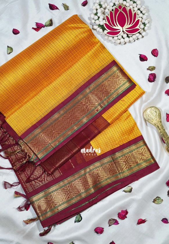 Mango Yellow - Meenakshi - Light Weight Pure Silk Cotton Saree Muthu Kattam Traditional Border Contrast Pallu and Blouse - Perfect for Wedding Functions