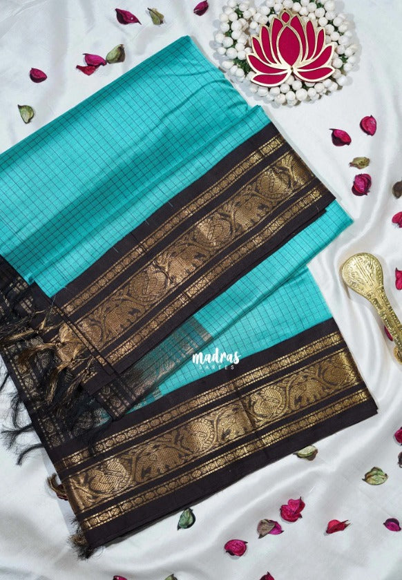 Bluish Green- Meenakshi - Light Weight Pure Silk Cotton Saree Muthu Kattam Yanai, Mayil Border Contrast Pallu and Blouse - Perfect for Wedding Functions