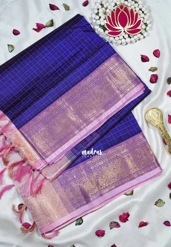 Dual Shade Violet Blue - Meenakshi -  Light Weight Pure Silk Cotton Saree Laksham Buttas in Checks Body with Mayil Border - Perfect for Wedding Functions