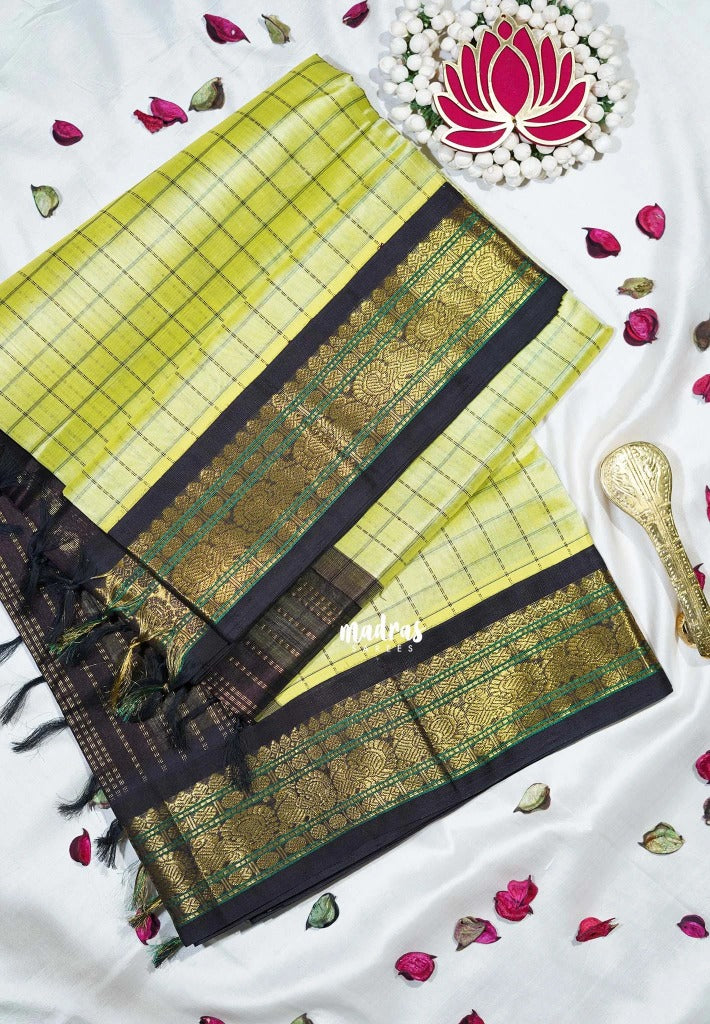Pastel Lime Yellow - Meenakshi - Light Weight Pure Silk Cotton Saree Checks with Mayil Border Contrast Pallu and Blouse - Perfect for Wedding Functions
