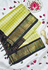 Pastel Lime Yellow - Meenakshi - Light Weight Pure Silk Cotton Saree Checks with Mayil Border Contrast Pallu and Blouse - Perfect for Wedding Functions