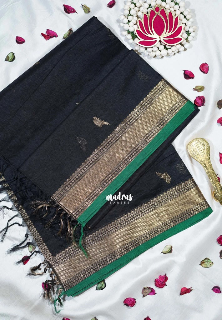 Jet Black - Meenakshi - Light Weight Pure Silk Cotton Saree Bavanji Border with Bird Buttas and Rich Pallu - Perfect for Wedding Functions