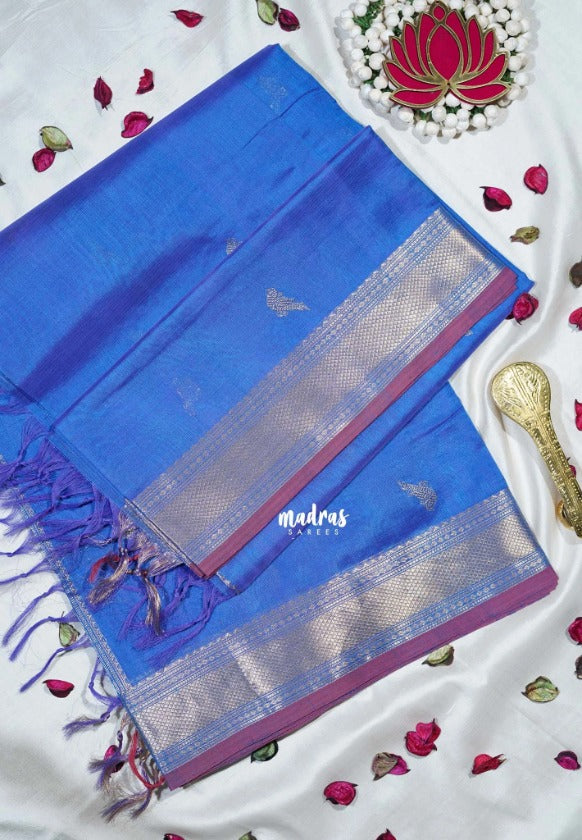 Dual Shade Royal Blue - Meenakshi - Light Weight Pure Silk Cotton Saree Bavanji Border with Bird Buttas and Rich Pallu - Perfect for Wedding Functions