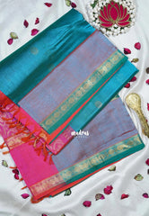 Dual Shade Ananda Blue - Meenakshi - Light Weight Pure Silk Cotton Saree with Rettapet Rudraksham Border and Buttas - Perfect for Wedding Functions