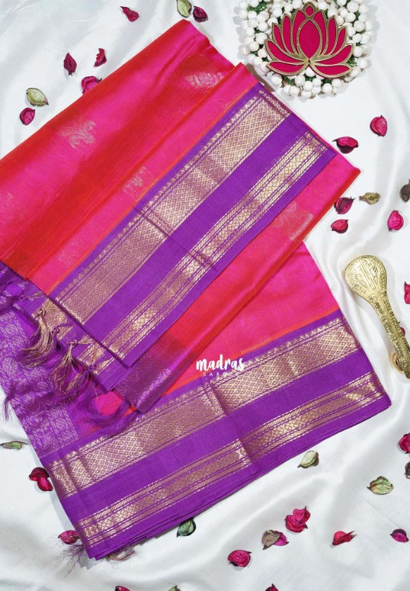 Dual Shade Bright Pink - Meenakshi - Light Weight Pure Silk Cotton Saree Traditional Border with Buttas Contrast Pallu and Blouse - Perfect for Wedding Functions