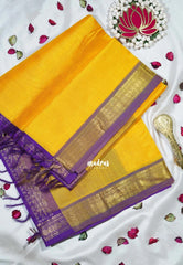 Bright Lemon Yellow - Meenakshi - Light Weight Pure Silk Cotton Saree Plain with Rudraksham Border Contrast Pallu and Blouse - Perfect for Wedding Functions