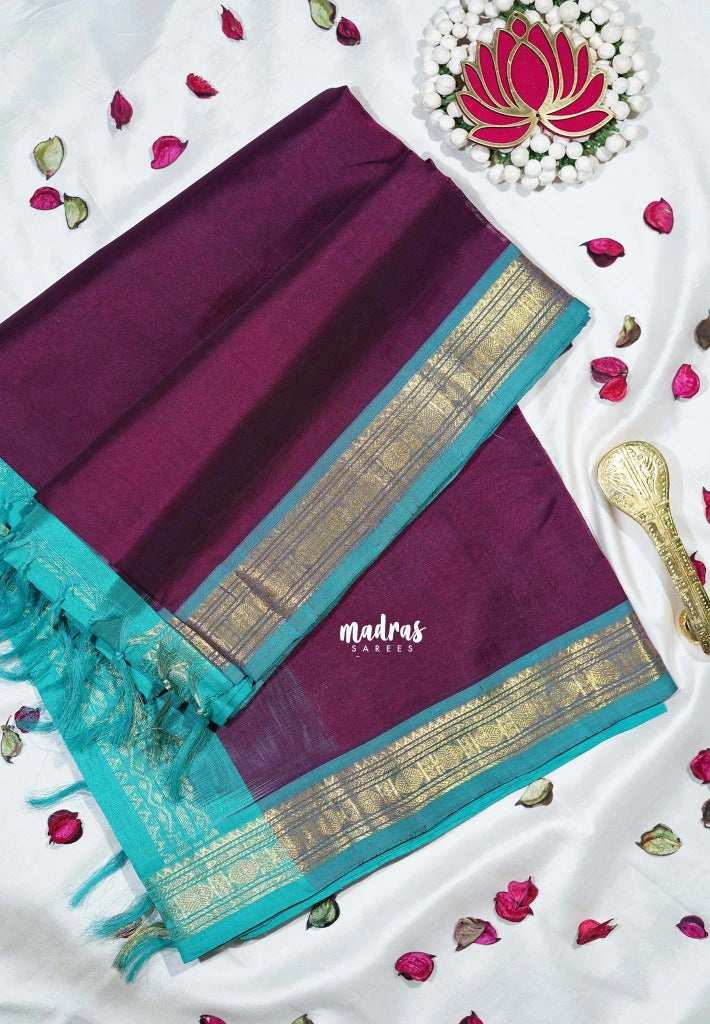 Dark Jamun Purple - Meenakshi - Light Weight Pure Silk Cotton Saree Plain with Rudraksham Border Contrast Pallu and Blouse - Perfect for Wedding Functions