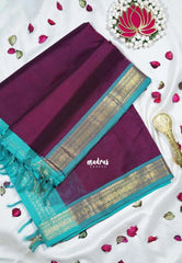 Dark Jamun Purple - Meenakshi - Light Weight Pure Silk Cotton Saree Plain with Rudraksham Border Contrast Pallu and Blouse - Perfect for Wedding Functions