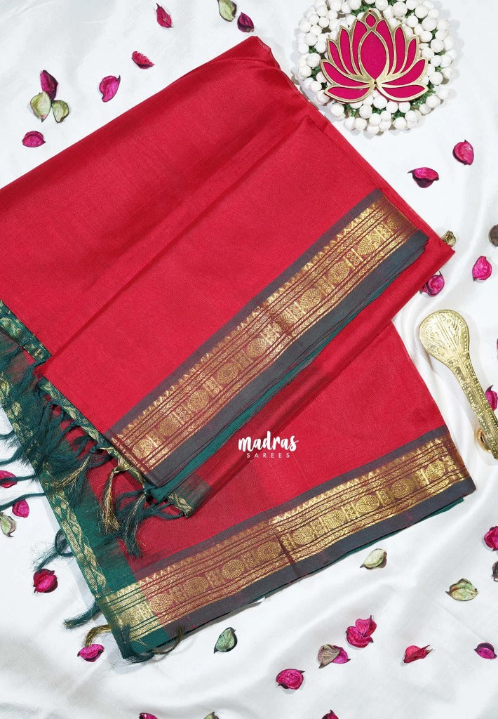 Tomato Red - Meenakshi - Light Weight Pure Silk Cotton Saree Plain with Rudraksham Border Contrast Pallu and Blouse - Perfect for Wedding Functions