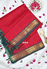 Tomato Red - Meenakshi - Light Weight Pure Silk Cotton Saree Plain with Rudraksham Border Contrast Pallu and Blouse - Perfect for Wedding Functions